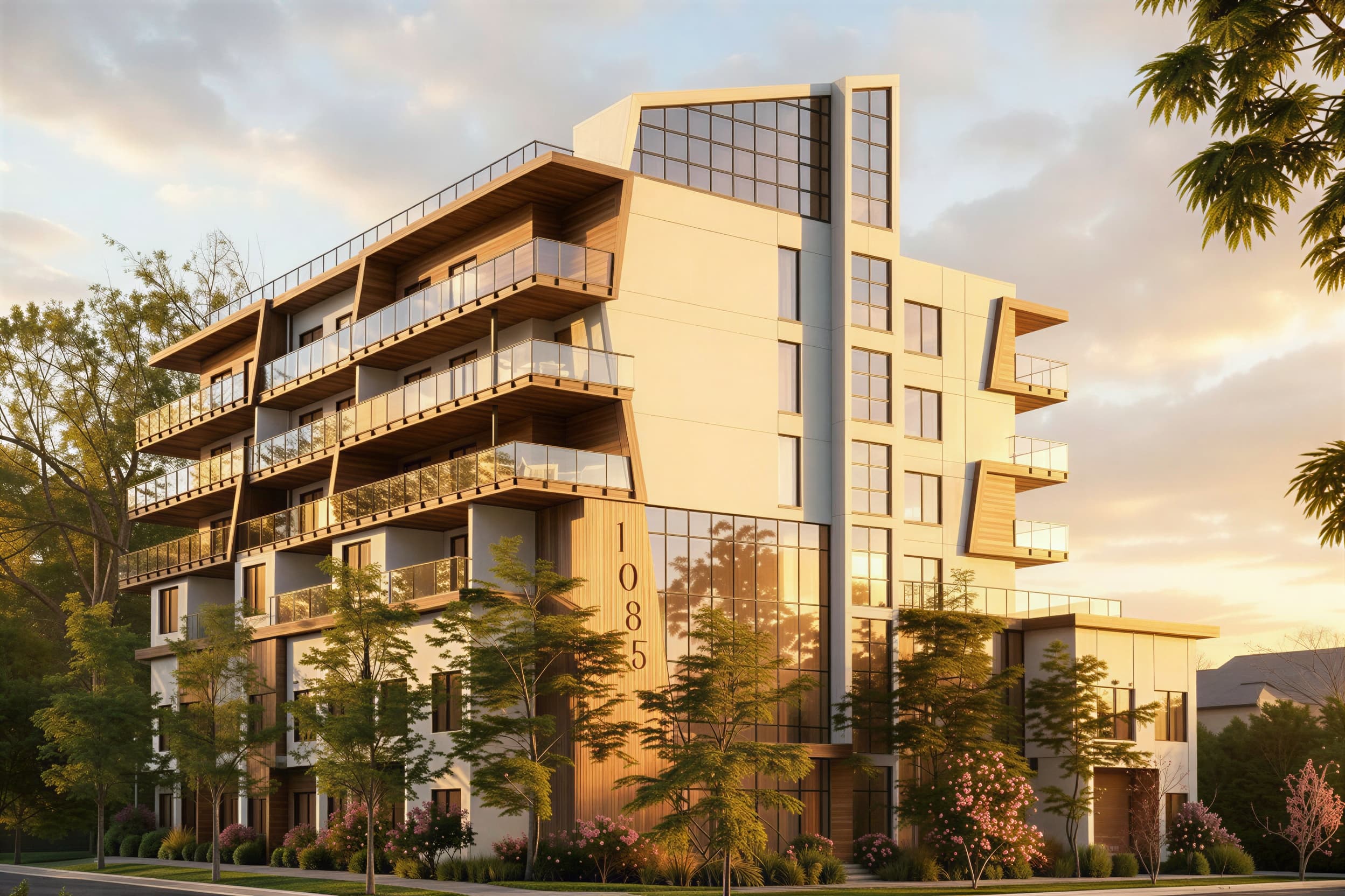 Architectural render of the Serenity building in Kelowna at golden hour, showing its cedar-clad balconies
